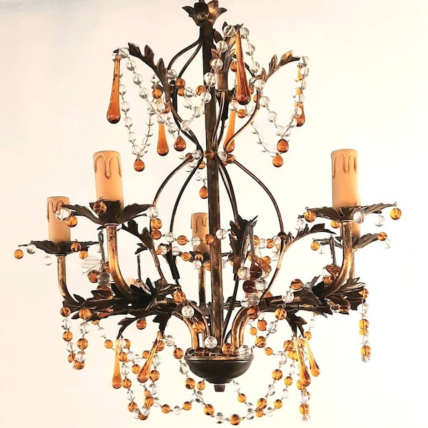 Vintage chandelier, bronze effect chandelier with Murano glass beads and bunches. Shabby chic style chandelier. Pendant lamp