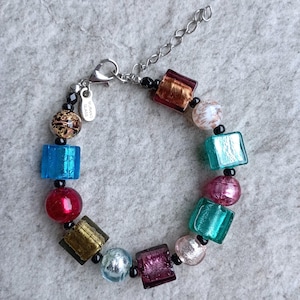 Pulsera de cuentas de cristal de Murano multicolor, cuentas de hoja de plata sumergidas, aventurina, idea de regalo, caja de regalo incluida