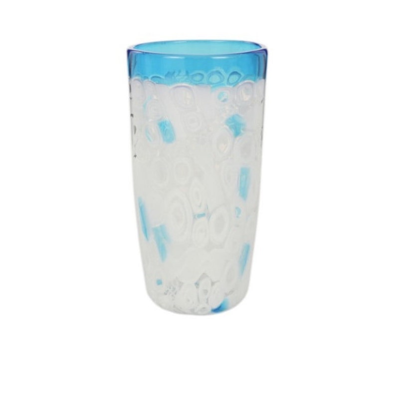 Large Murano Glass Vase With Coloured Murrine And Blue Border White Blown Made In Venetian Furnace
