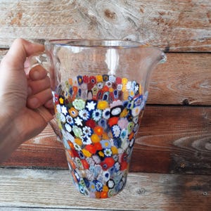 Murano glass pitcher, transparent glass with murrine millefiori.