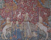 Vintage BELGIAN TAPESTRY - The Lady and the Unicorn Woven Panel depicting Romantic 18th Century Scene - Cushion Size - Wall Hanging.