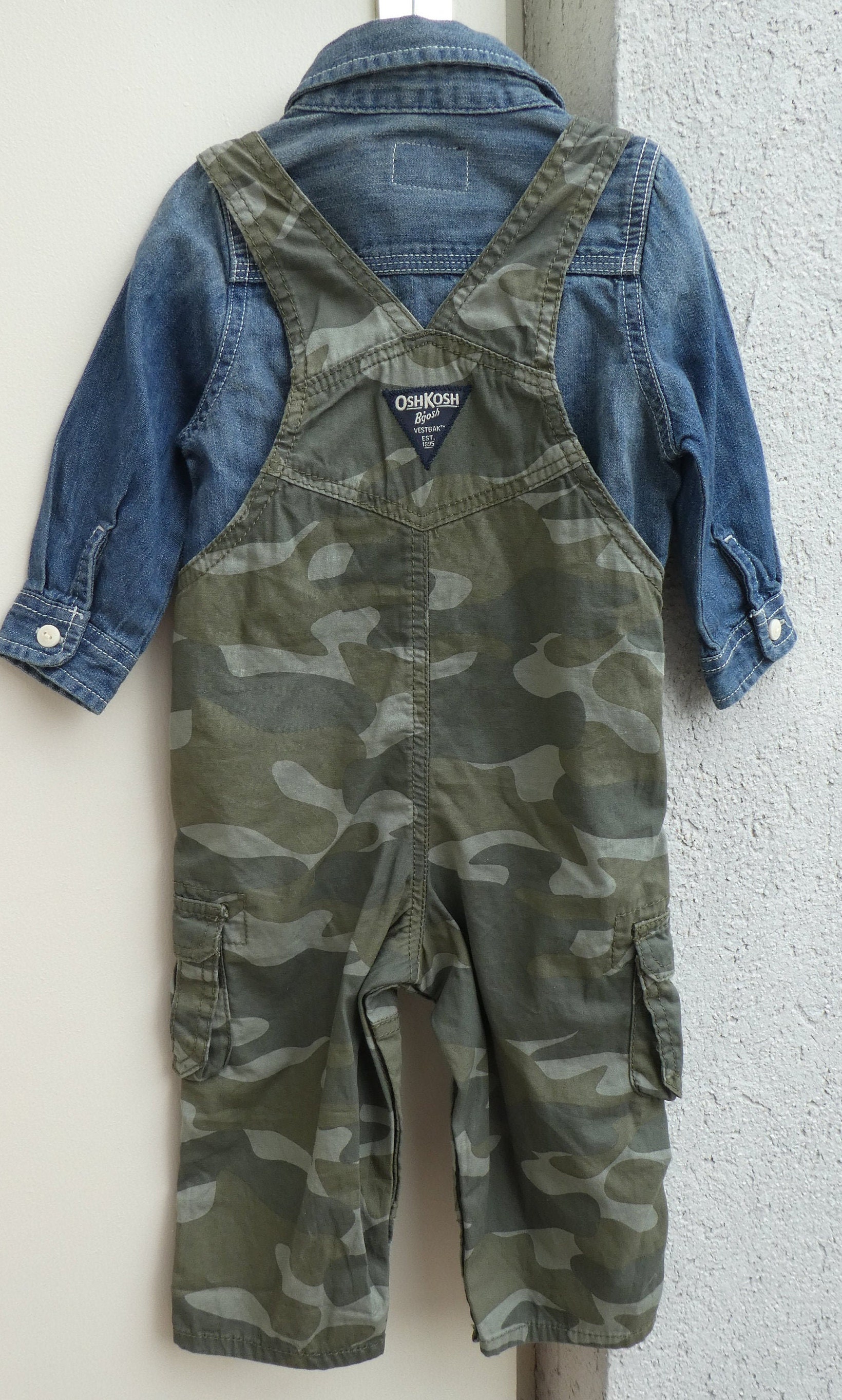 OSH KOSH USA Khaki Green Overalls / Blue Denim Shirt Age 18 Etsy