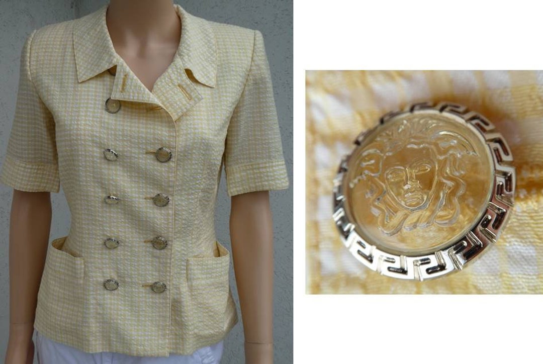 Veste Vintage Thérèse Bamaire Paris - Jaune Et Blanc à Carreaux, Manches Courtes, Taille 38, Viscose