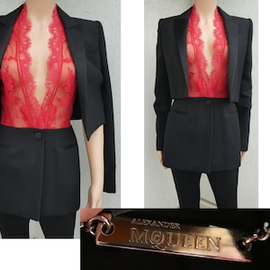 ALEXANDER MCQUEEN, Trompe l’oeil wool silk layered Black Tuxedo Jacket with Red Sarabande Lace insert. Size40. Runway Collector&#39;s Item.