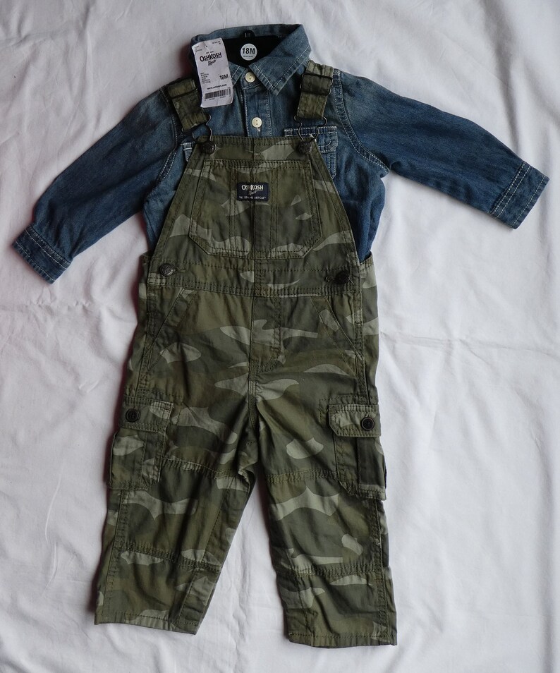 OSH KOSH USA Khaki Green Overalls / Blue Denim Shirt Age 18 Etsy