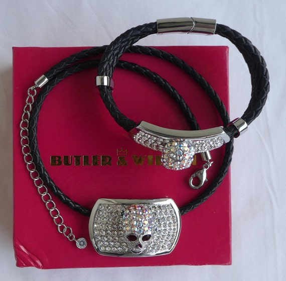 BUTLER WILSON Skull Jewellery Set Pendant Necklace and Bracelet. Leather and Rhinestone. Gothic Skull Halloween. Original Pink Box. Etsy UK