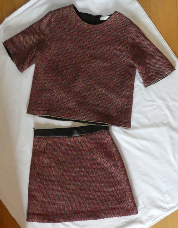 SANDRO PARIS, Boucle Tweed Skirt Suit, Leather Tr… - image 2