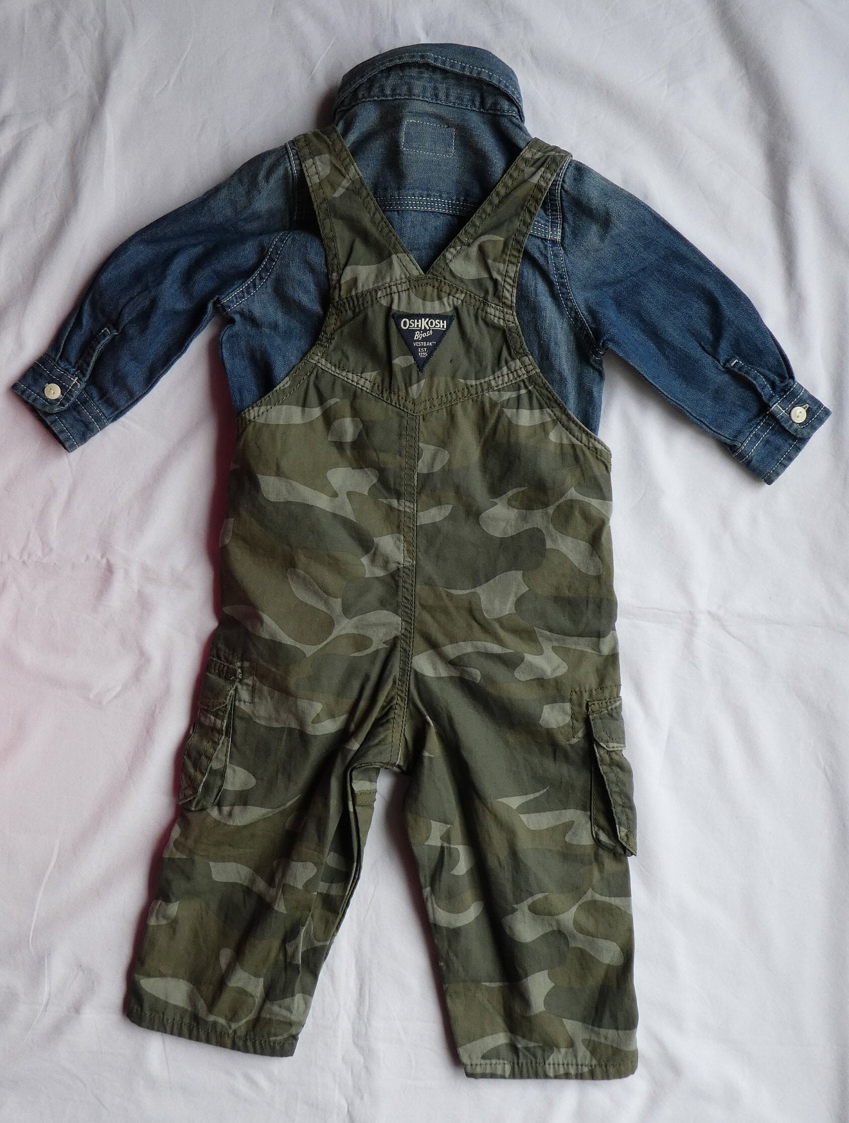 OSH KOSH USA Khaki Green Overalls / Blue Denim Shirt Age 18 Etsy