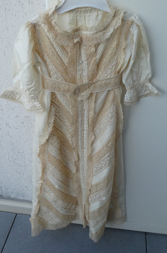 Antique CHRISTENING GOWN in Cream Silk with Lace … - image 9