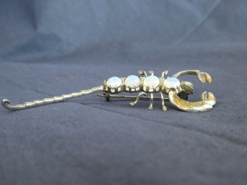 Silver Jewelry Circa Edwardian Victorian Insect Moonstone Pin Zodiac Sign Astrology Scorpio Antique MOONSTONE Scorpion Silver BROOCH
