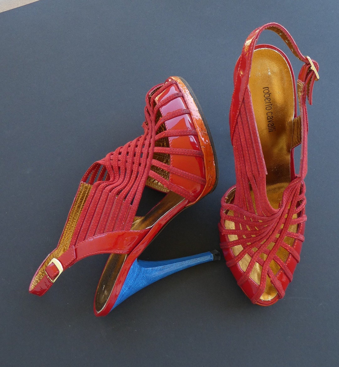 ROBERTO CAVALLI, Italy. High Heels Slingbacks - Gold Footbed