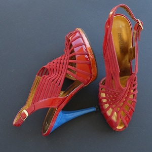 ROBERTO CAVALLI, Italy. High Heels Slingbacks - Gold Footbed, Red Patent Leather, Blue Heels, Italian Couture Stiletto Sandals, EU36.