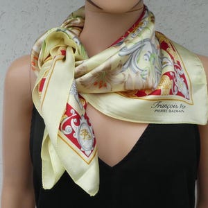 PIERRE BALMAIN François 1er. Vintage Satin Scarf, Paris, France. Pretty Yellow Floral Motif. Wedding Guest Accessory. Signed.