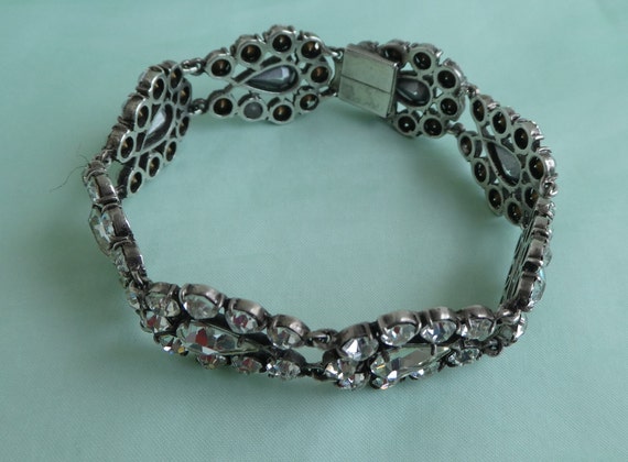 FRENCH Art Deco Silver Diamante Bracelet - Large … - image 5