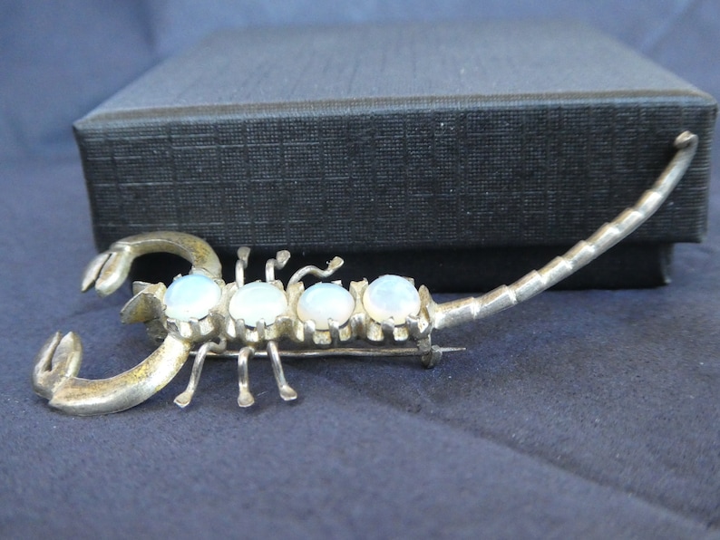 Silver Jewelry Circa Edwardian Victorian Insect Moonstone Pin Zodiac Sign Astrology Scorpio Antique MOONSTONE Scorpion Silver BROOCH