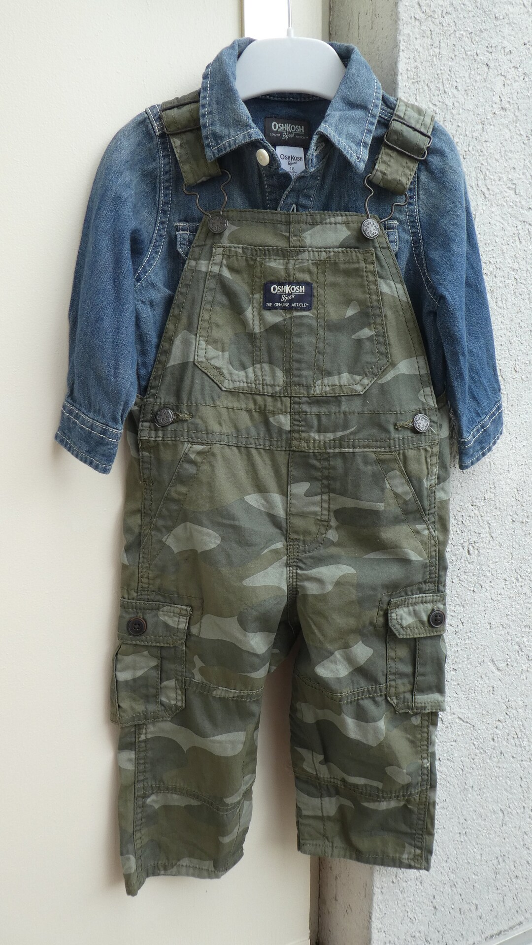 OSH KOSH USA Khaki Green Overalls / Blue Denim Shirt Age 18 Etsy