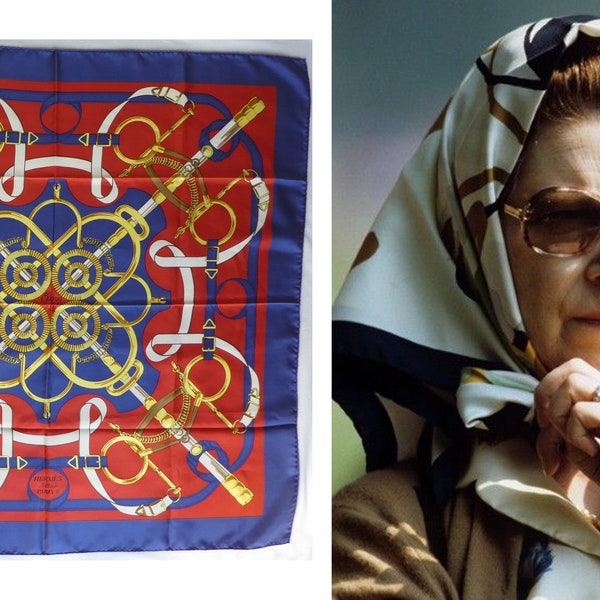 HERMÈS Grand foulard en sergé de soie, Eperon D'Or "Golden Spur" par Henri D'Orsay, années 1980. Comme porté par la reine. Motif équitation, ourlets roulés.