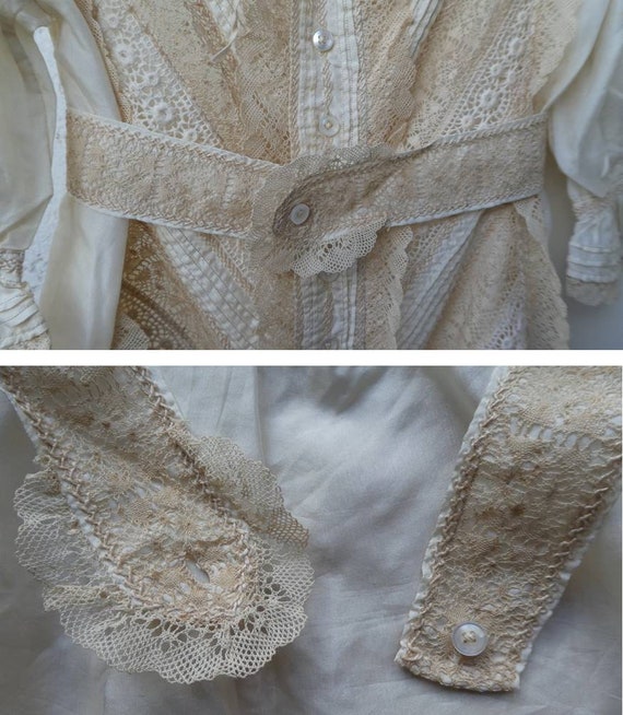 Antique CHRISTENING GOWN in Cream Silk with Lace … - image 5