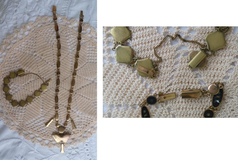 Op de afbeelding: Een set van drie gouden kettingen met een vlinderhanger, een armband met schakels en een ketting met schakels met zwarte en gouden accenten.