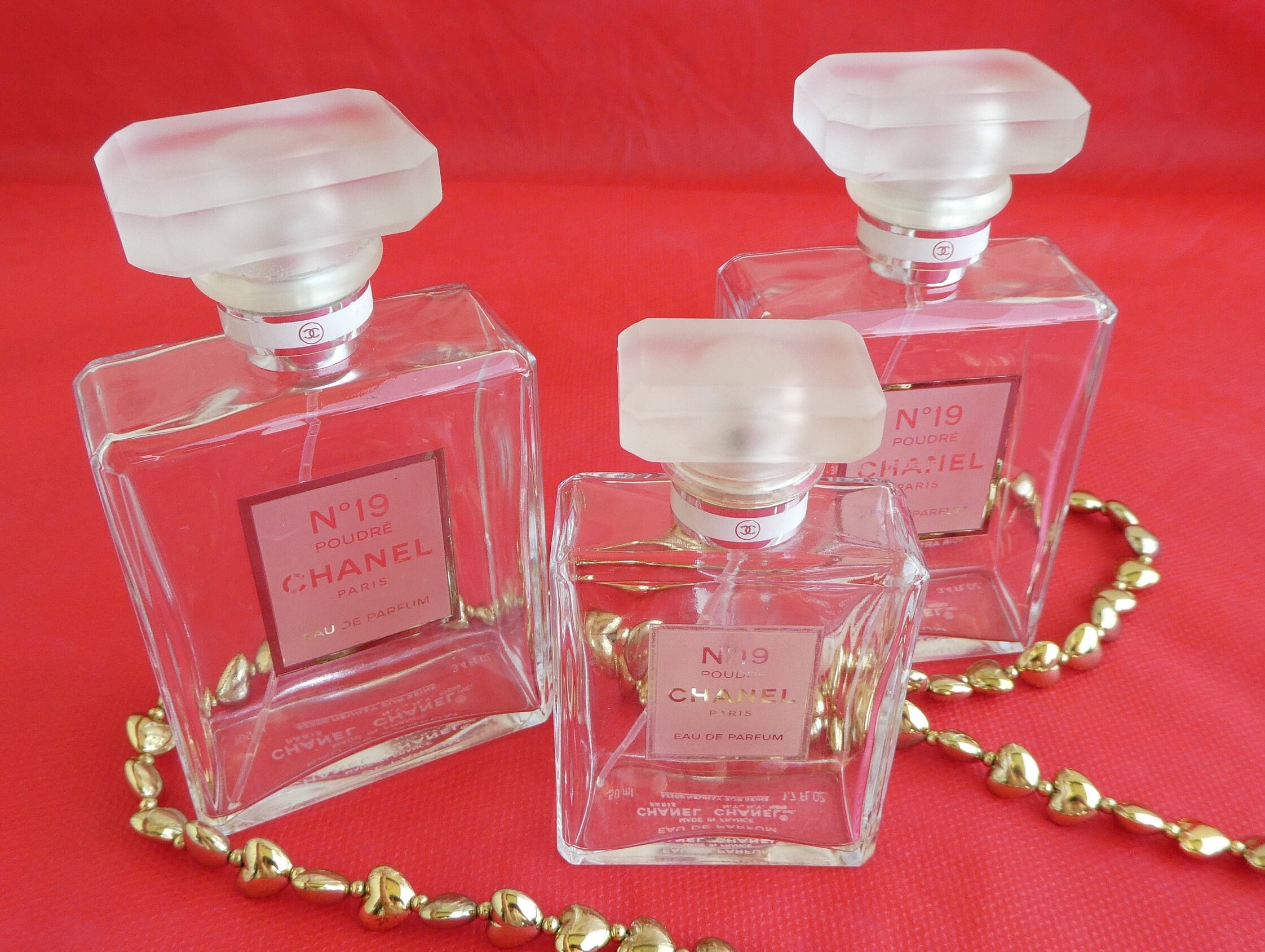 CHANEL No 19 Poudré. Three Empty Perfume Bottles. Large Glass 