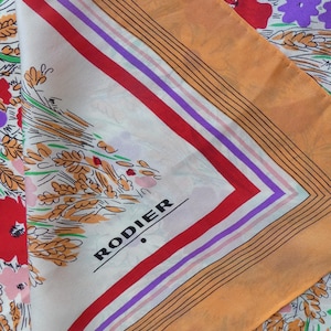 Beautiful Silk Scarf RODIER, PARIS – Floral Motif, Hand Finished Hems – Bright summery colours. Feminine , Accessory Wedding Guest.