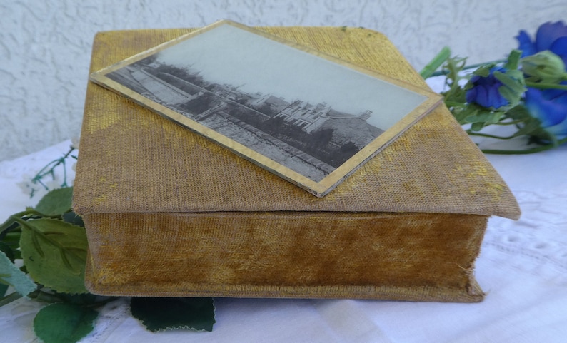 Antique Scottish VELVET JEWELLERY BOX with Mounted Black /& White photo \u2013 Mustard Yellow Diamond Shape Trinket Keepsake Box Shabby Chic.