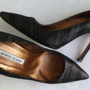 Luxury MANOLO BLAHNIK High Heels Satin and Sparkle Effect Black Leather Pumps, Bronze Footbed. Classy, Timeless.  IT40.5, US10.5, UK 7.5.