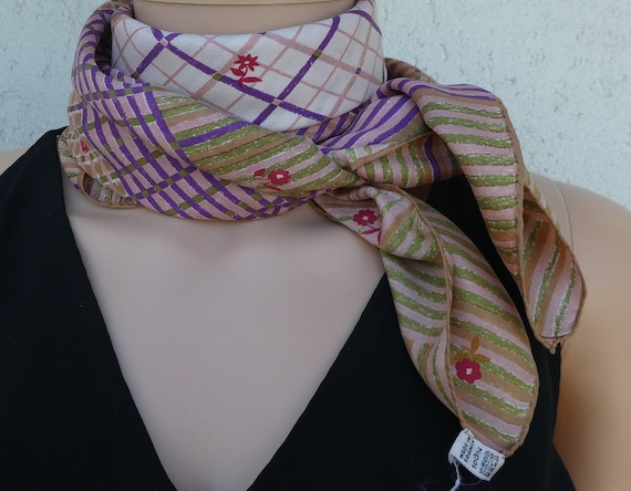 Vintage NINA RICCI Silk Scarf – Floral and Stripe… - image 1