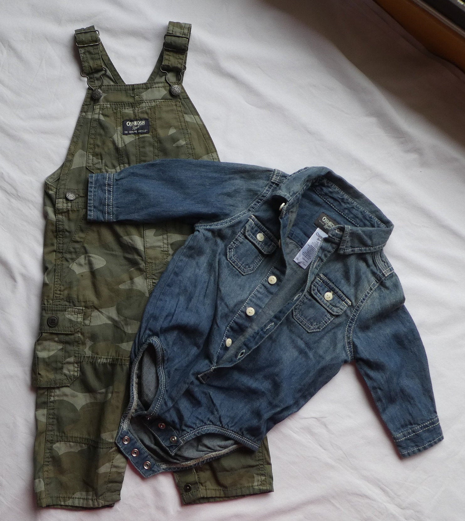 OSH KOSH USA Khaki Green Overalls / Blue Denim Shirt Age 18 Etsy
