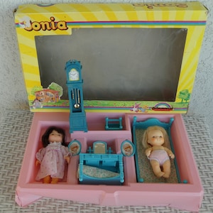 1980 French Dollhouse Collection SONIA Doll, SEKIGUCHI Baby Doll. Bedroom Furniture, Original Packaging, Delavennat, France. Sonia Gladys.