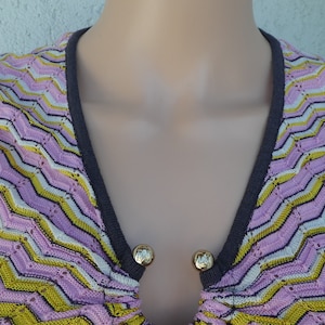 MISSONI – Fine Maille Sleeveless Top. Signature Missoni Zig Zag Knit, Lilac/Rose Pink, Golden Yellow. Monogram Detailing. Italian Designer.