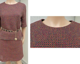 SANDRO PARIS, Boucle Tweed Skirt Suit, Leather Trim, Red Metalized Thread. Two Piece Short Sleeve Designer Ensemble. Size 3, UK10, US8.