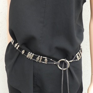 Boho Chic - Narrow LEATHER BELT With Engraved Silver Metal  display picture 3