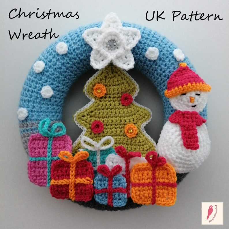 Christmas Tree Wreath Crochet Pattern UK Terms. Festive Wreath, Snowman Wreath, Christmas Presents. image 1