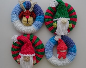 Christmas Wreath UK Patterns (4 PDFs) - Robin Wreath, Gonk Wreath, Snowman Wreath, Reindeer Wreath, Mini Christmas Wreath Crochet Patterns.