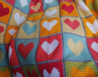 Colourful Heart Crochet Blanket Afghan Pattern