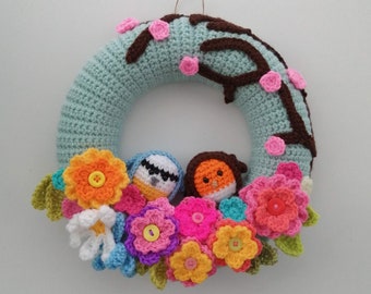 Springtime Wreath UK Crochet Pattern. April Wreath, Spring Flowers and Birds Crochet Pattern