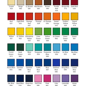 May include: A chart showing 63 different color choices for Oracal 651 vinyl. The colors are arranged in rows and columns, with each color labeled with a number. The colors include transparent, white, black, gray, beige, brown, red, orange, yellow, green, blue, pink, purple, and gold.