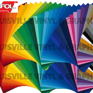 May include: A fan-shaped display of OrafoL vinyl sheets in a variety of colors, including red, orange, yellow, green, blue, purple, pink, and gray. The text "LOUISVILLE VINYL & GRAPHICS" is printed three times on the display.