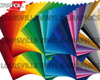 May include: A vibrant display of vinyl sheets in a spectrum of colors, fanned out to showcase the range. The image includes the "ORAFOL" logo and the text "LOUISVILLE VINYL & GRAPHICS". The color palette spans from reds and oranges to blues, greens, and purples.