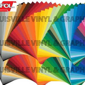 May include: A fan-shaped display of OrafoL vinyl sheets in a variety of colors, including black, gray, brown, red, orange, yellow, green, blue, purple, and pink. The sheets are arranged in a rainbow pattern. The text "LOUISVILLE VINYL & GRAPHICS" is printed three times on the sheets.