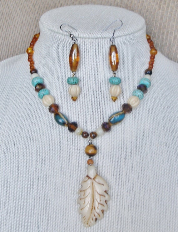 TIGEREYE, HOWLITE & BONE Feather Necklace and Earr