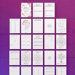 May include: A set of 23 printable planner pages for creative entrepreneurs. The pages feature floral designs and include trackers for expenses, income, habits, goals, and more.