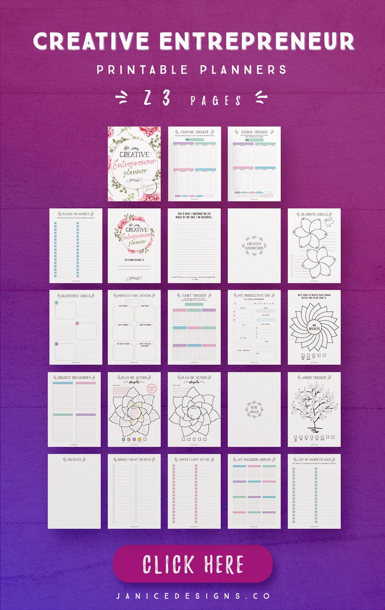 May include: A set of 23 printable planner pages for creative entrepreneurs. The pages feature floral designs and include trackers for expenses, income, habits, goals, and more.