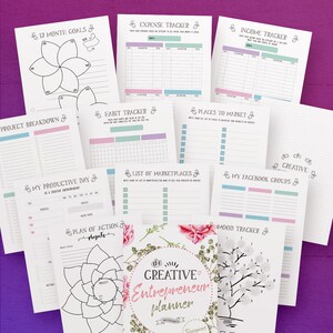 May include: A printable planner for creative entrepreneurs with 23 pages. The cover features a floral design with the text "The Creative Entrepreneur Planner" and "Designers Edition". The pages include sections for goals, expenses, income, habits, project breakdowns, places to market, a list of marketplaces, Facebook groups, a productive day, a plan of action, and a mood tracker.