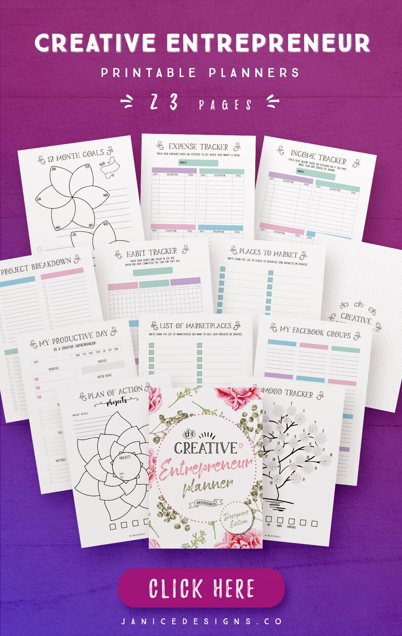 May include: A printable planner for creative entrepreneurs with 23 pages. The cover features a floral design with the text "The Creative Entrepreneur Planner" and "Designers Edition". The pages include sections for goals, expenses, income, habits, project breakdowns, places to market, a list of marketplaces, Facebook groups, a productive day, a plan of action, and a mood tracker.