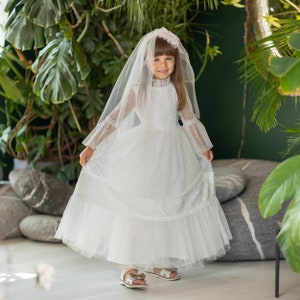 White Lace A-Line Communion Dress with Tulle Skirt