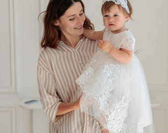 Baby Girl Baptism Dress – Italian Lace, Long Train, Headband, Personalized Shoes