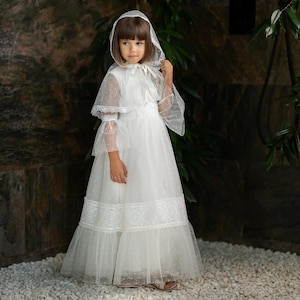 White first communion dress for girls and Veil, Holy communion dress long lace sleeves, Lace flower girl dress, Heirloom communion gown