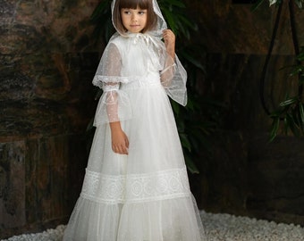 White first communion dress for girls and Veil, Holy communion dress long lace sleeves, Lace flower girl dress, Heirloom communion gown